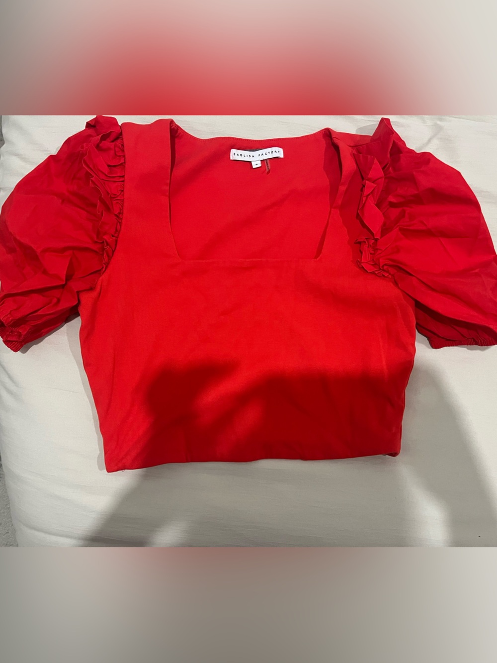 English Factory Red Puff-Sleeve Square-Neck Top